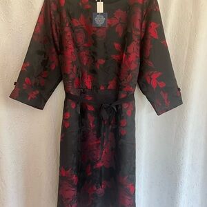 Talbots Black Dress with Red Floral Jacquard and Self-Tie Belt